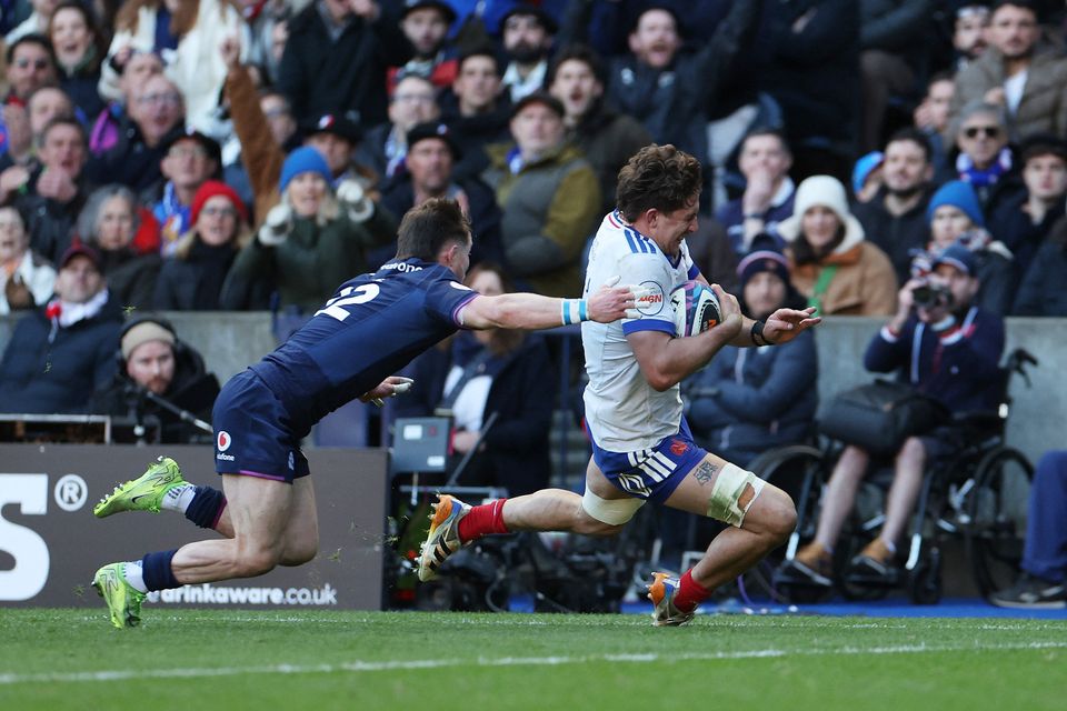 France's Oscar Jegou scores their fifth try in the Six Nations defeat to Scotland at Murrayfield Stadium, Edinburgh. Photo: Reuters/Russell Cheyne